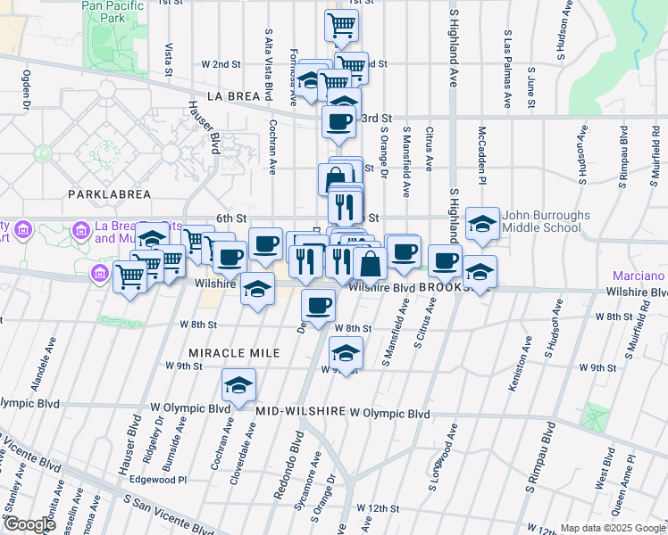 map of restaurants, bars, coffee shops, grocery stores, and more near 647 South La Brea Avenue in Los Angeles