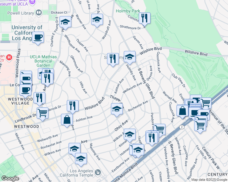 map of restaurants, bars, coffee shops, grocery stores, and more near 10527 Ashton Avenue in Los Angeles