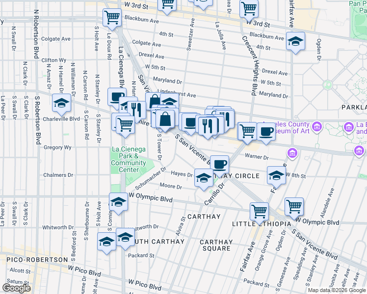 map of restaurants, bars, coffee shops, grocery stores, and more near 6556 San Vicente Boulevard in Los Angeles