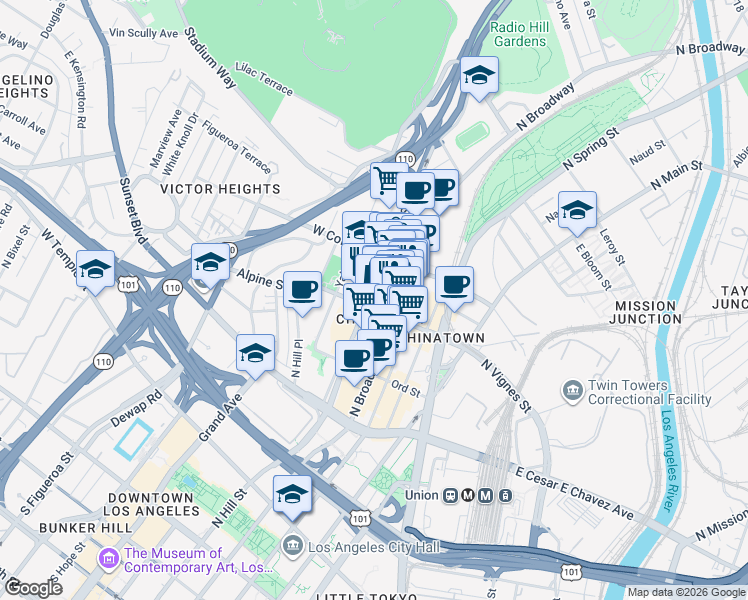 map of restaurants, bars, coffee shops, grocery stores, and more near 838 North Hill Street in Los Angeles