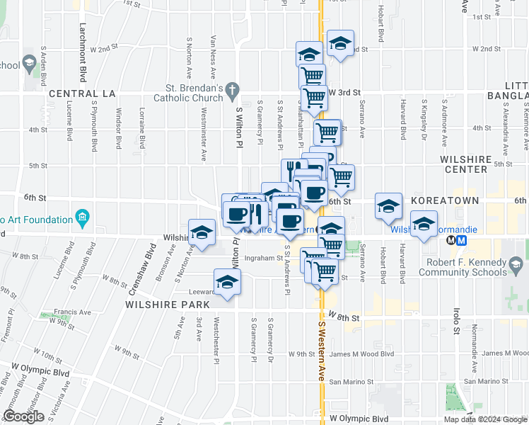map of restaurants, bars, coffee shops, grocery stores, and more near in Los Angeles