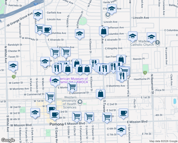 map of restaurants, bars, coffee shops, grocery stores, and more near 372 Adobe Lane in Pomona