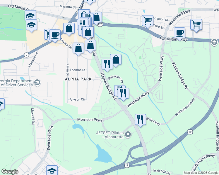 map of restaurants, bars, coffee shops, grocery stores, and more near Haynes Bridge Road in Alpharetta