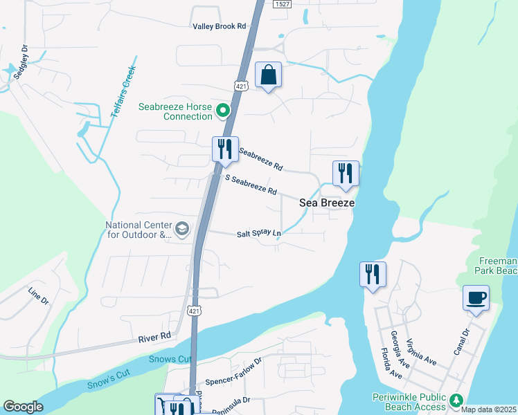 map of restaurants, bars, coffee shops, grocery stores, and more near 800 Hatteras Court in Wilmington
