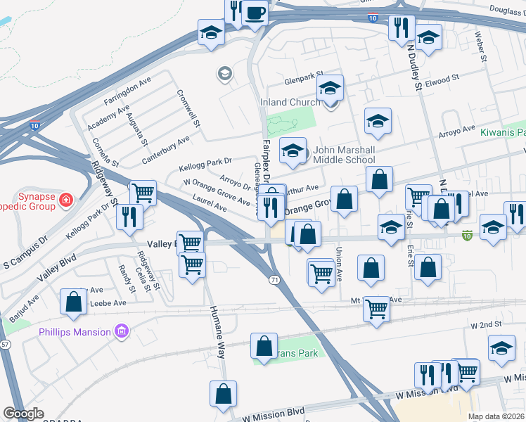 map of restaurants, bars, coffee shops, grocery stores, and more near 777 Gilbert Street in Pomona