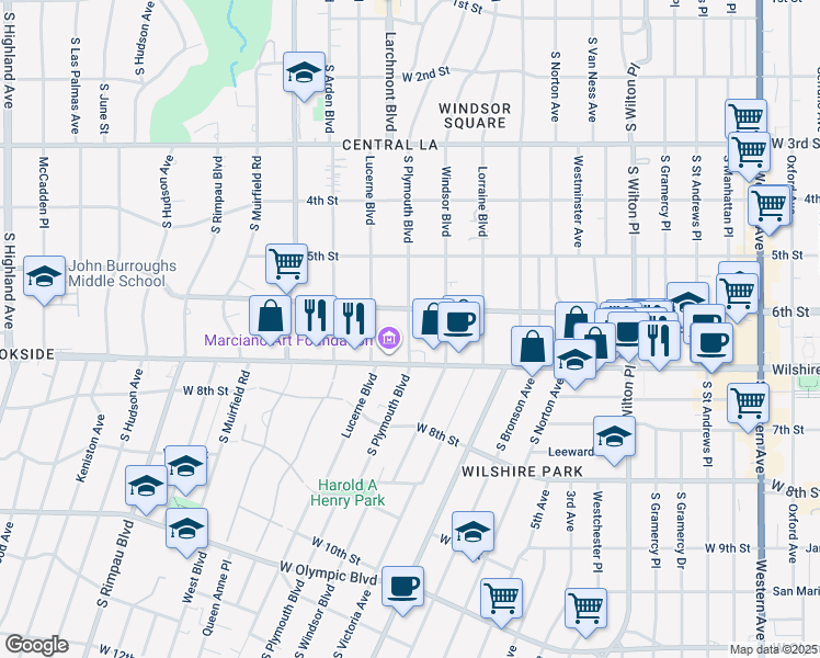 map of restaurants, bars, coffee shops, grocery stores, and more near 618 South Plymouth Boulevard in Los Angeles