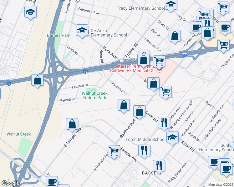 map of restaurants, bars, coffee shops, grocery stores, and more near 13062 Amar Road in Baldwin Park