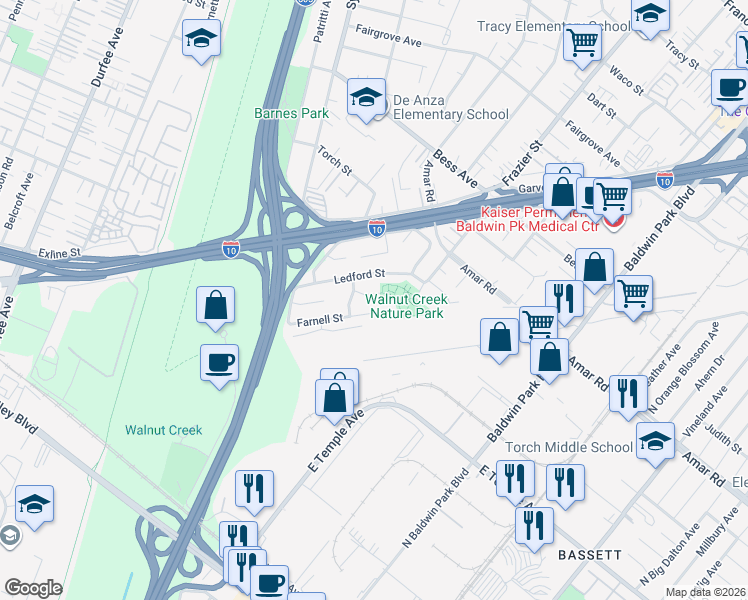 map of restaurants, bars, coffee shops, grocery stores, and more near 12822 Hensel Street in Baldwin Park