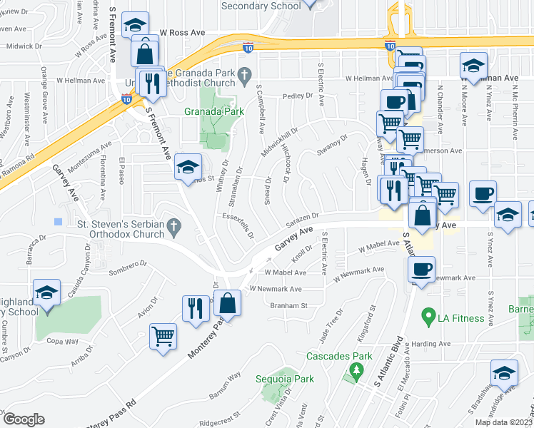 map of restaurants, bars, coffee shops, grocery stores, and more near 2541 Snead Drive in Alhambra