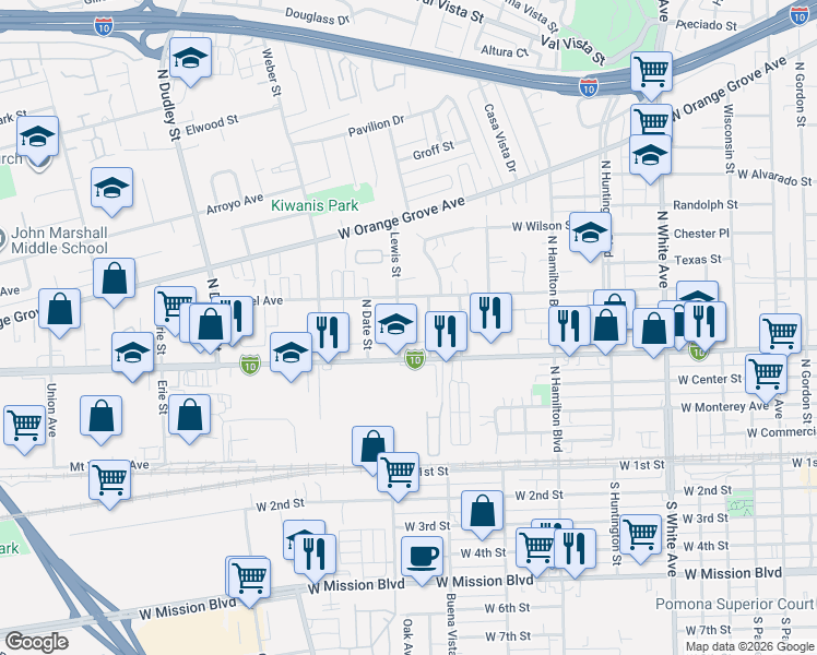 map of restaurants, bars, coffee shops, grocery stores, and more near 642 North Lewis Street in Pomona