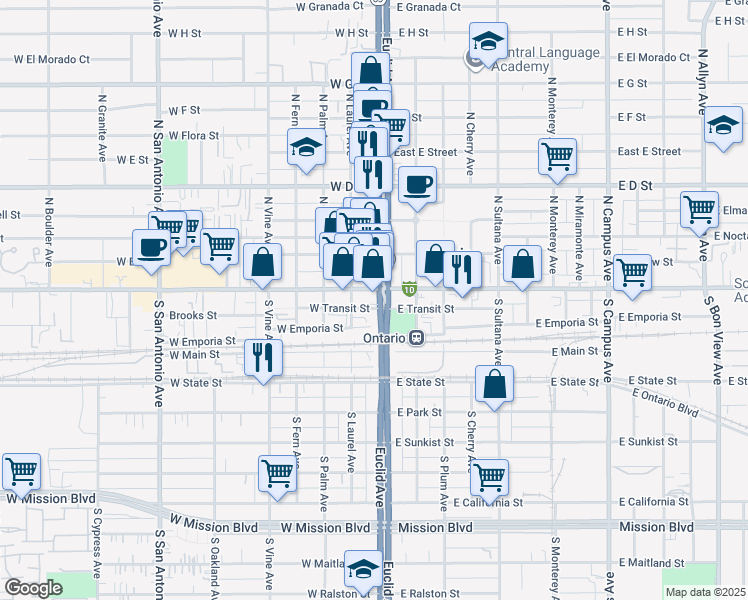 map of restaurants, bars, coffee shops, grocery stores, and more near 100 South Euclid Avenue in Ontario