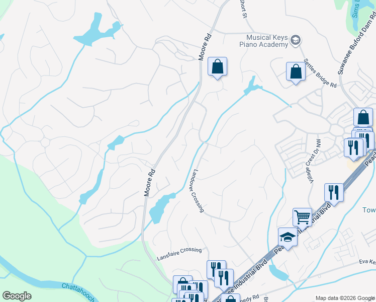 map of restaurants, bars, coffee shops, grocery stores, and more near 868 Treadstone Overlook in Suwanee