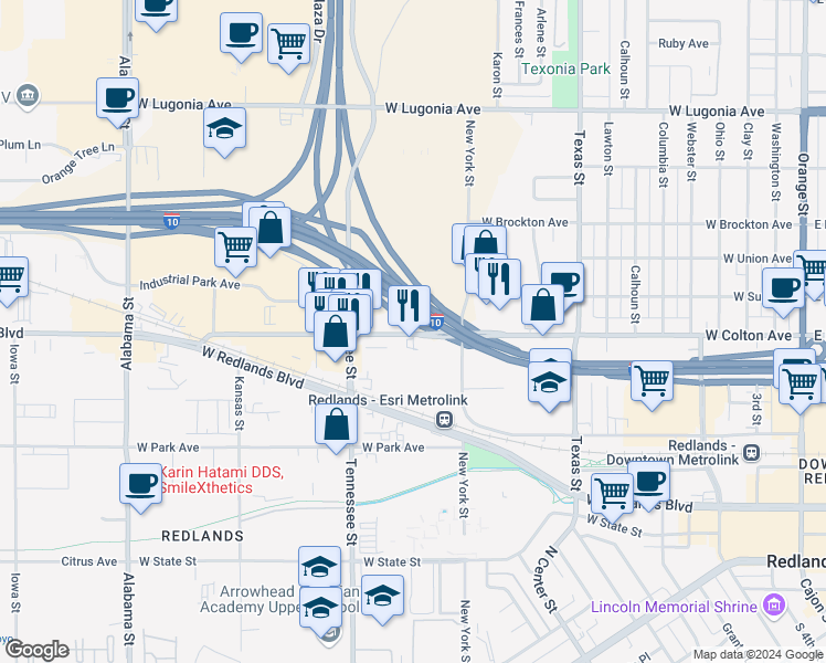 map of restaurants, bars, coffee shops, grocery stores, and more near 2 East Colton Avenue in Redlands