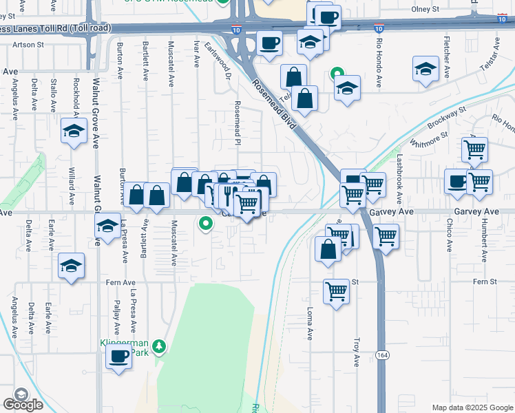 map of restaurants, bars, coffee shops, grocery stores, and more near 9033 Garvey Avenue in Rosemead