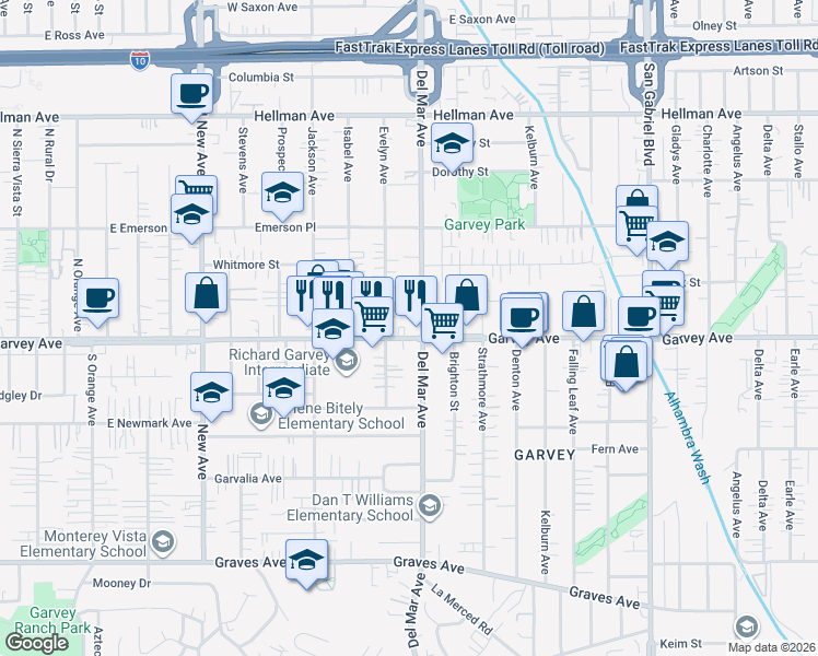 map of restaurants, bars, coffee shops, grocery stores, and more near 7771 Garvey Avenue in Rosemead