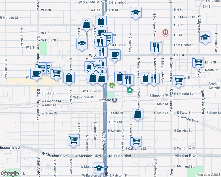 map of restaurants, bars, coffee shops, grocery stores, and more near 150 East Holt Boulevard in Ontario