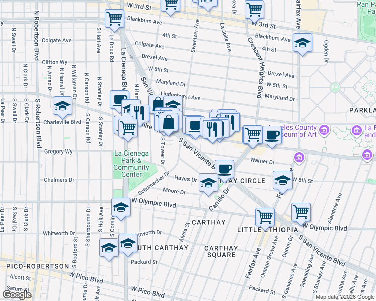 map of restaurants, bars, coffee shops, grocery stores, and more near 6556 San Vicente Boulevard in Los Angeles