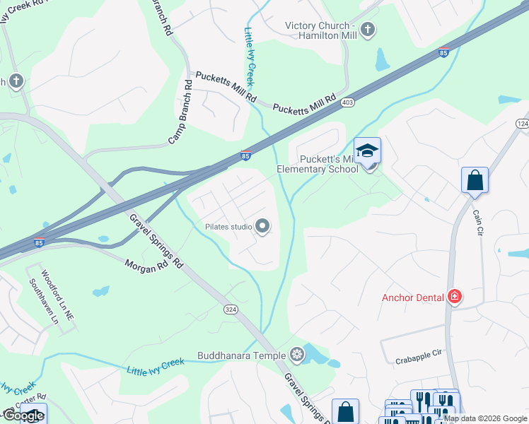 map of restaurants, bars, coffee shops, grocery stores, and more near 2300 Morgan Farm Drive in Buford