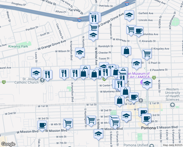 map of restaurants, bars, coffee shops, grocery stores, and more near 646 William Street in Pomona