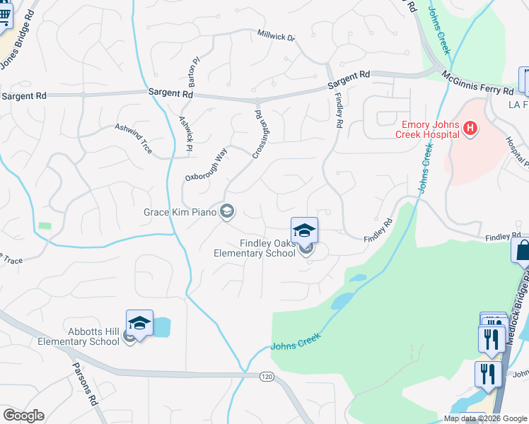 map of restaurants, bars, coffee shops, grocery stores, and more near 11695 Bentham Court in Alpharetta