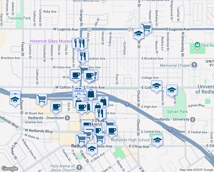 map of restaurants, bars, coffee shops, grocery stores, and more near 823 Tribune Street in Redlands