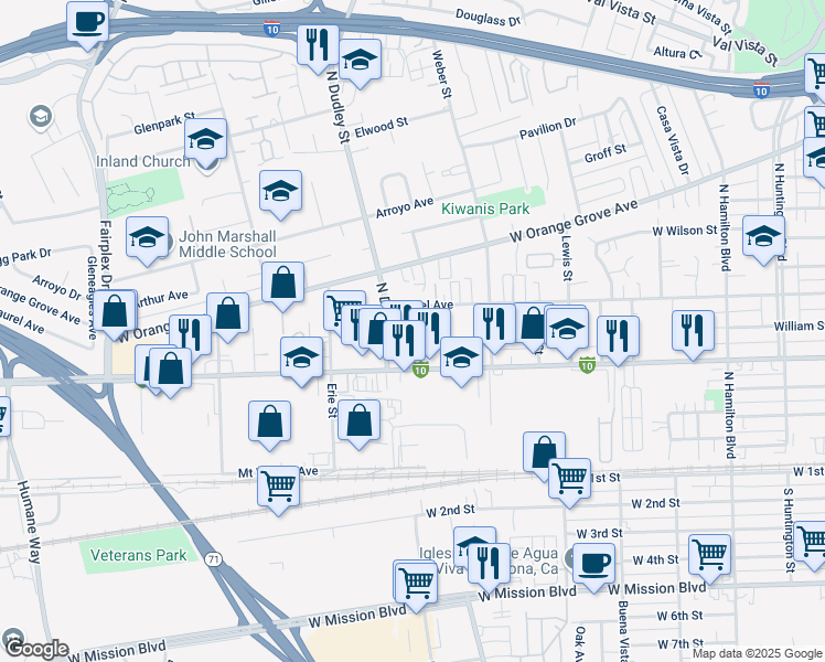 map of restaurants, bars, coffee shops, grocery stores, and more near 1550 Laurel Avenue in Pomona