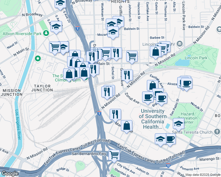 map of restaurants, bars, coffee shops, grocery stores, and more near 1773 Sichel Street in Los Angeles