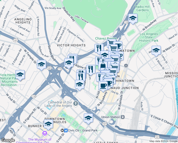 map of restaurants, bars, coffee shops, grocery stores, and more near 630 Alpine Street in Los Angeles