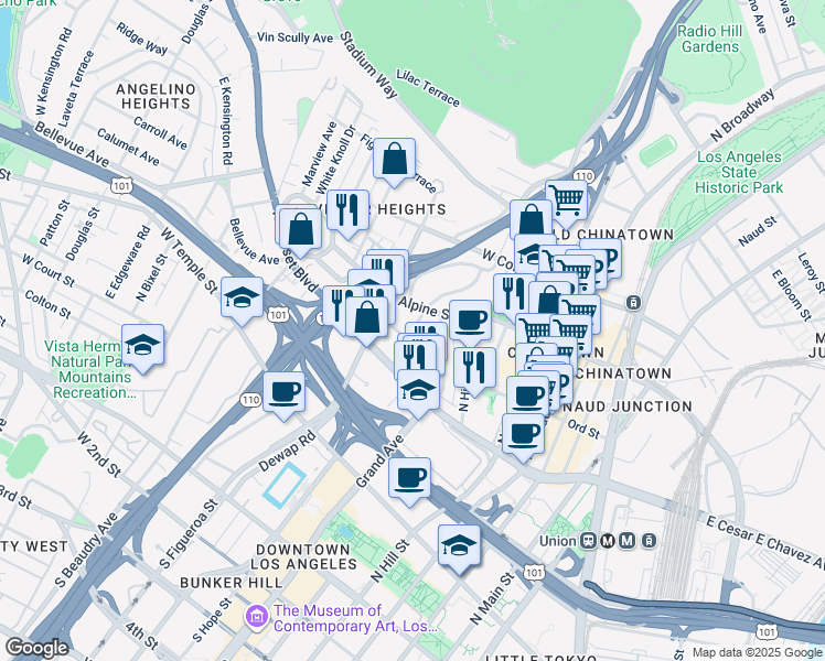 map of restaurants, bars, coffee shops, grocery stores, and more near 820 Alpine Street in Los Angeles