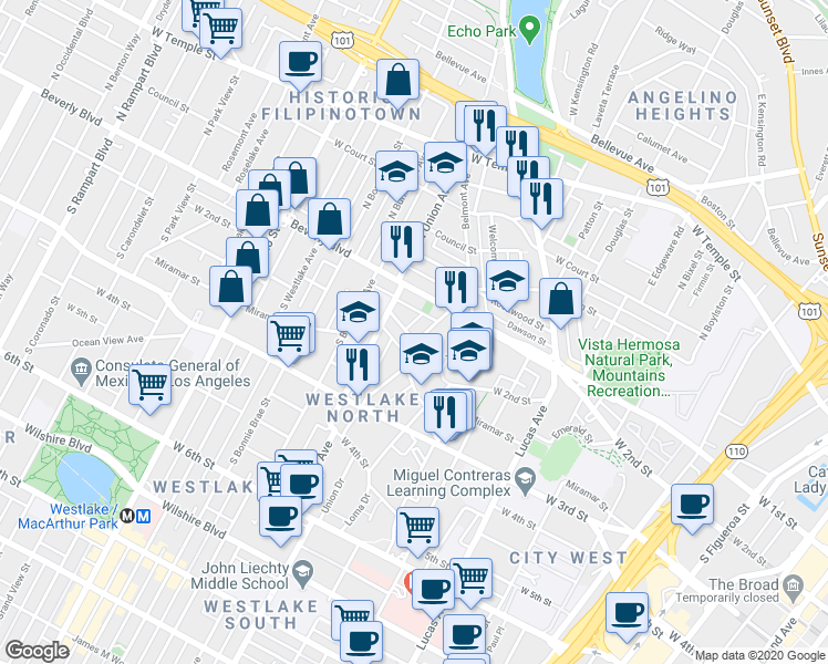 map of restaurants, bars, coffee shops, grocery stores, and more near 119 Union Place in Los Angeles