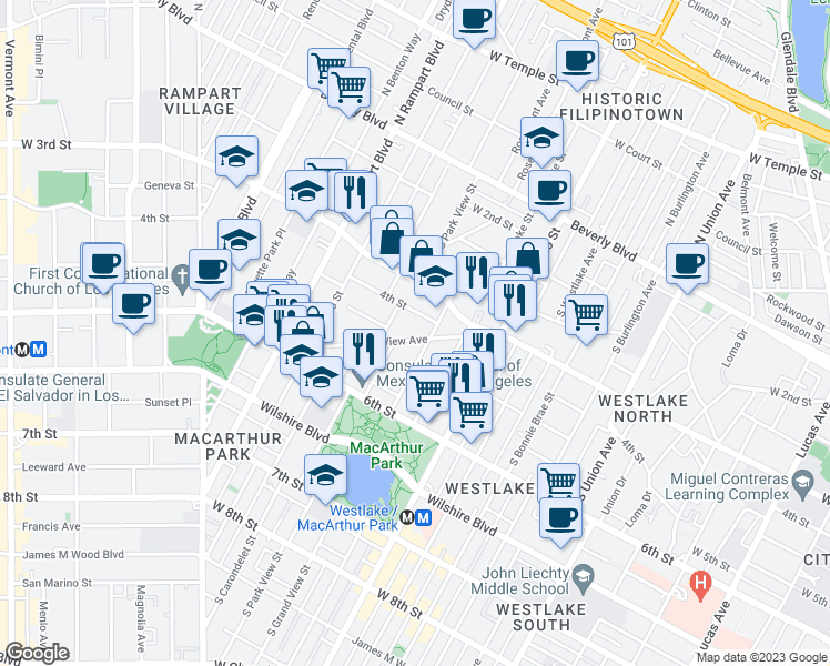 map of restaurants, bars, coffee shops, grocery stores, and more near 412 South Park View Street in Los Angeles