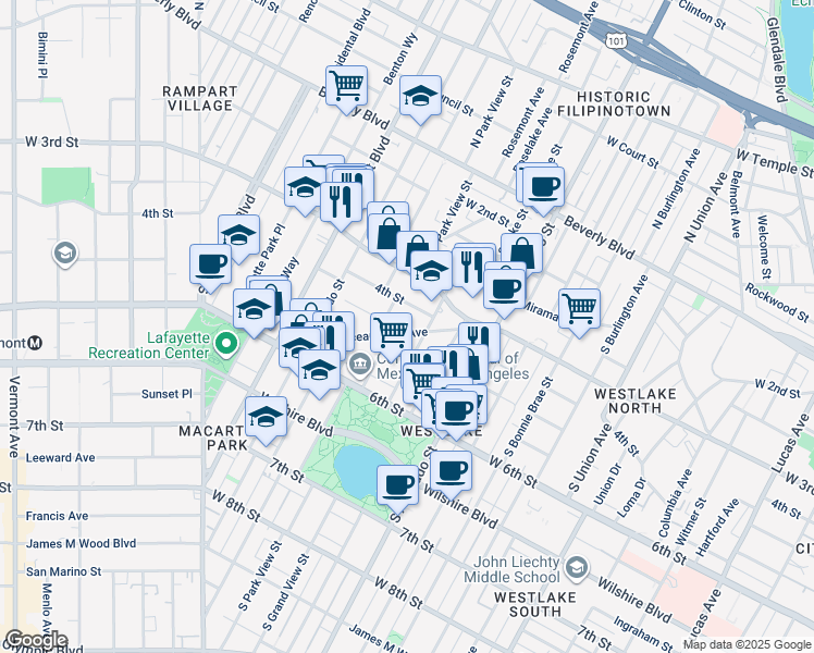 map of restaurants, bars, coffee shops, grocery stores, and more near 412 South Park View Street in Los Angeles