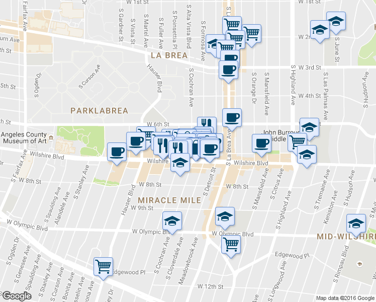 map of restaurants, bars, coffee shops, grocery stores, and more near 650 South Cochran Avenue in Los Angeles