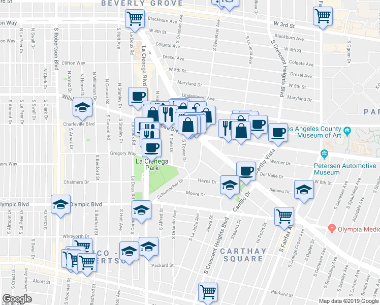 map of restaurants, bars, coffee shops, grocery stores, and more near in Los Angeles