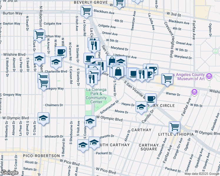 map of restaurants, bars, coffee shops, grocery stores, and more near 218 South Gale Drive in Beverly Hills