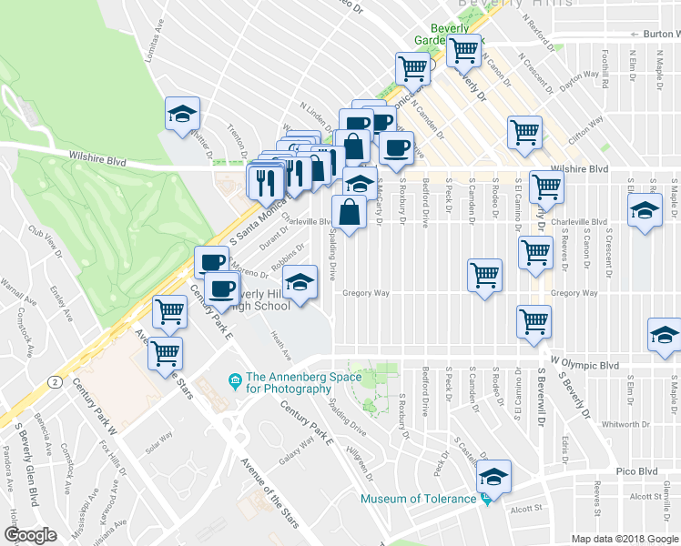 map of restaurants, bars, coffee shops, grocery stores, and more near 236 South Spalding Drive in Beverly Hills