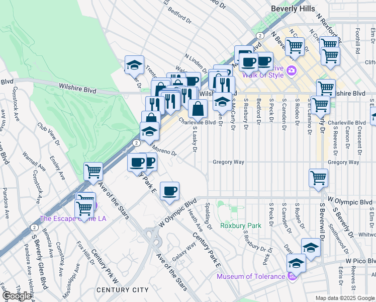 map of restaurants, bars, coffee shops, grocery stores, and more near 241 South Lasky Drive in Beverly Hills
