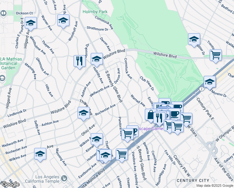 map of restaurants, bars, coffee shops, grocery stores, and more near 1318 1/2 South Beverly Glen Boulevard in Los Angeles