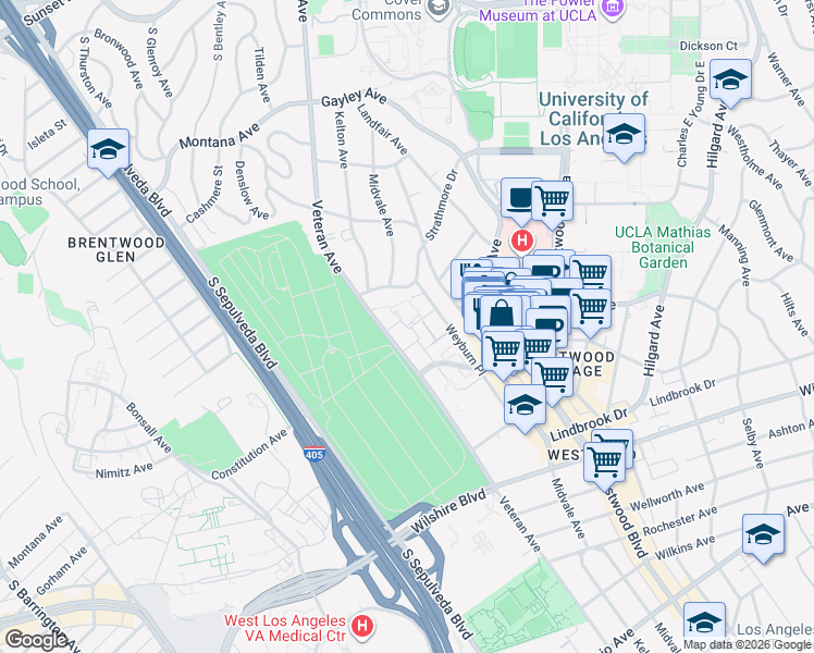 map of restaurants, bars, coffee shops, grocery stores, and more near 765 Weyburn Place in Los Angeles