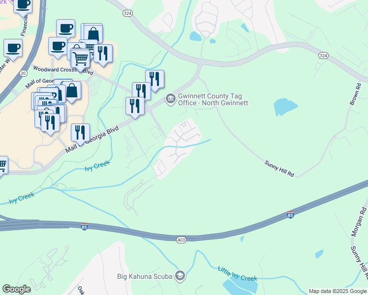 map of restaurants, bars, coffee shops, grocery stores, and more near Woodward Crossing Boulevard in Buford