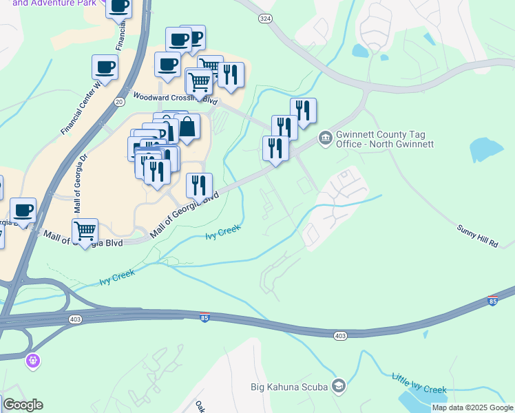 map of restaurants, bars, coffee shops, grocery stores, and more near 1809 Appaloosa Lane Northeast in Buford