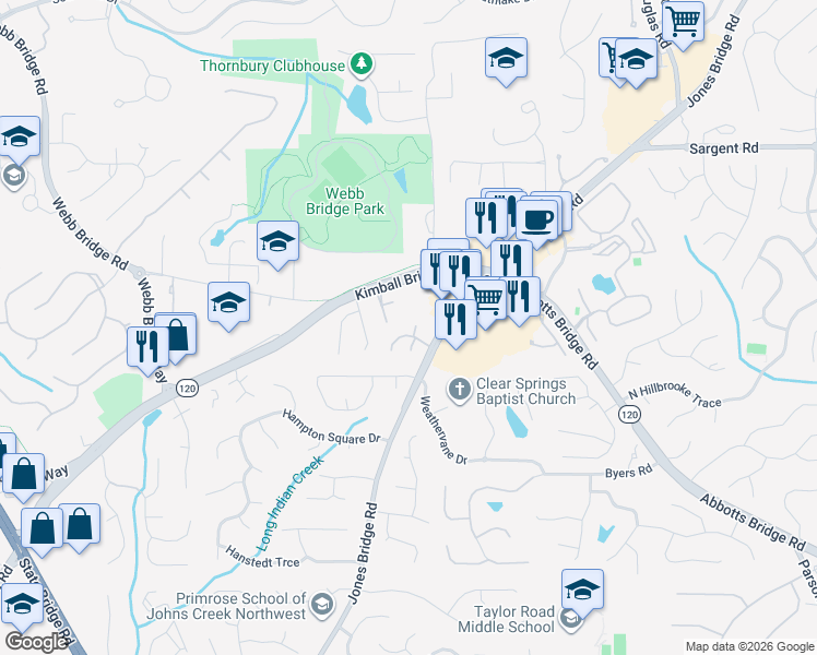 map of restaurants, bars, coffee shops, grocery stores, and more near 502 Penman Way in Alpharetta