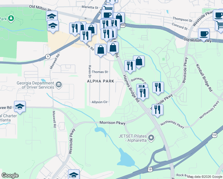 map of restaurants, bars, coffee shops, grocery stores, and more near 440 Jon Scott Drive in Alpharetta