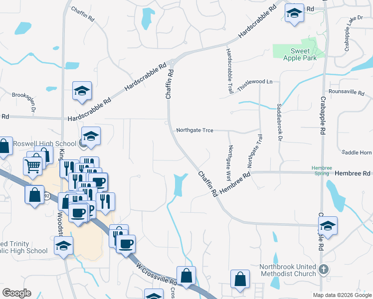 map of restaurants, bars, coffee shops, grocery stores, and more near 375 Chaffin Road in Roswell