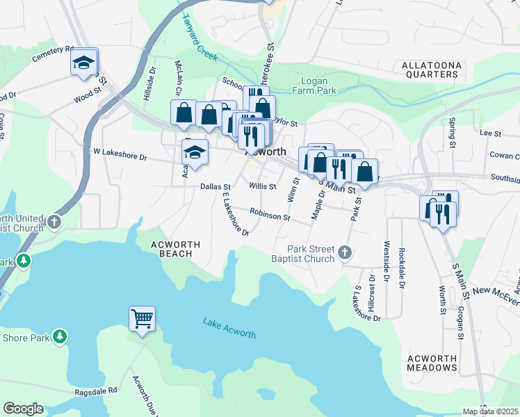 map of restaurants, bars, coffee shops, grocery stores, and more near 4476 Lemon Street in Acworth