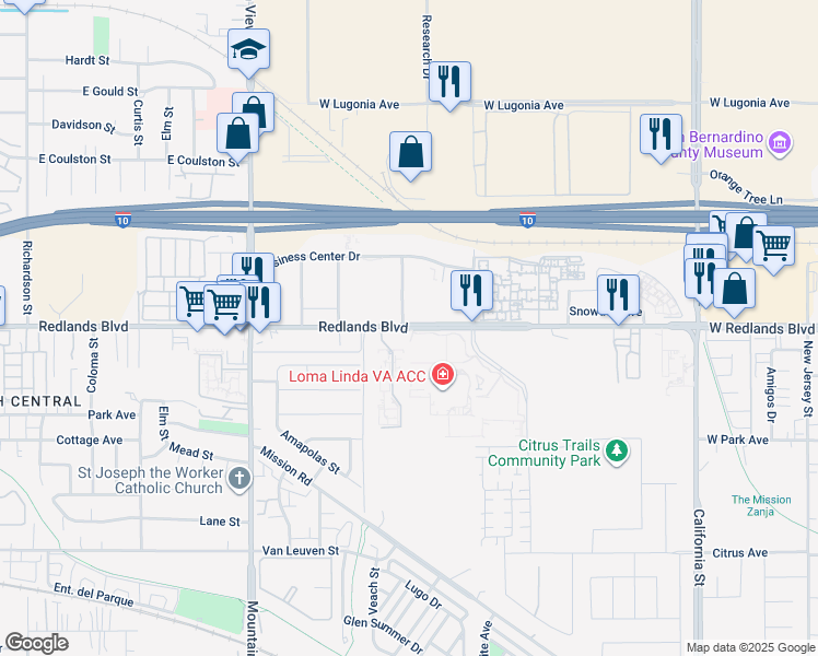 map of restaurants, bars, coffee shops, grocery stores, and more near 26001 West Redlands Boulevard in Redlands