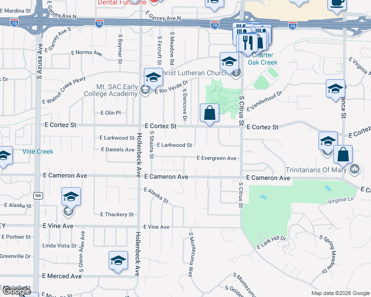 map of restaurants, bars, coffee shops, grocery stores, and more near 2340 East Larkwood Street in West Covina