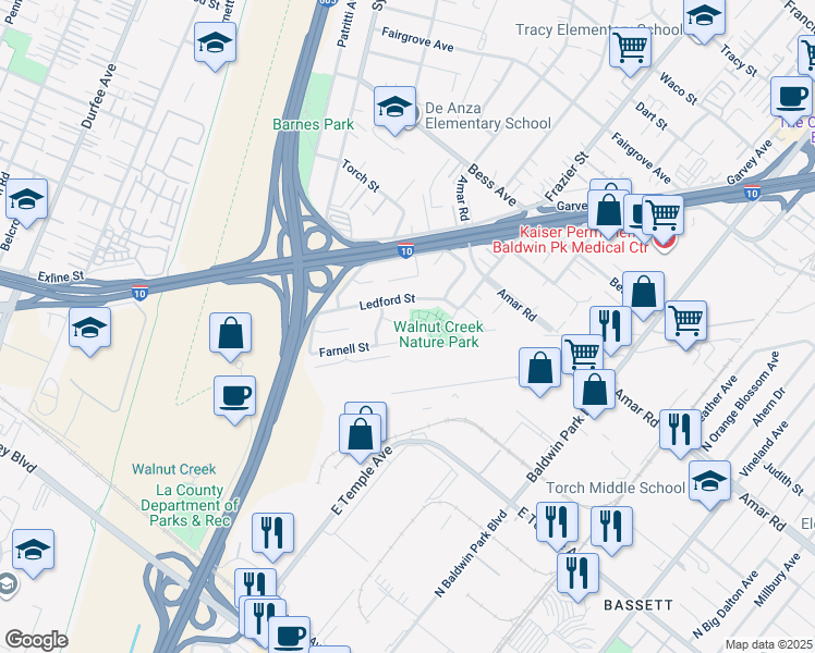 map of restaurants, bars, coffee shops, grocery stores, and more near 12828 Hensel Street in Baldwin Park
