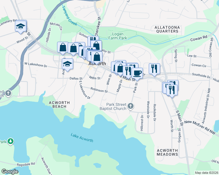 map of restaurants, bars, coffee shops, grocery stores, and more near 4454 Winn Street in Acworth