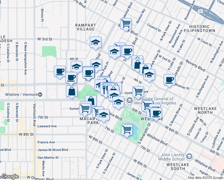 map of restaurants, bars, coffee shops, grocery stores, and more near 520 South Rampart Boulevard in Los Angeles